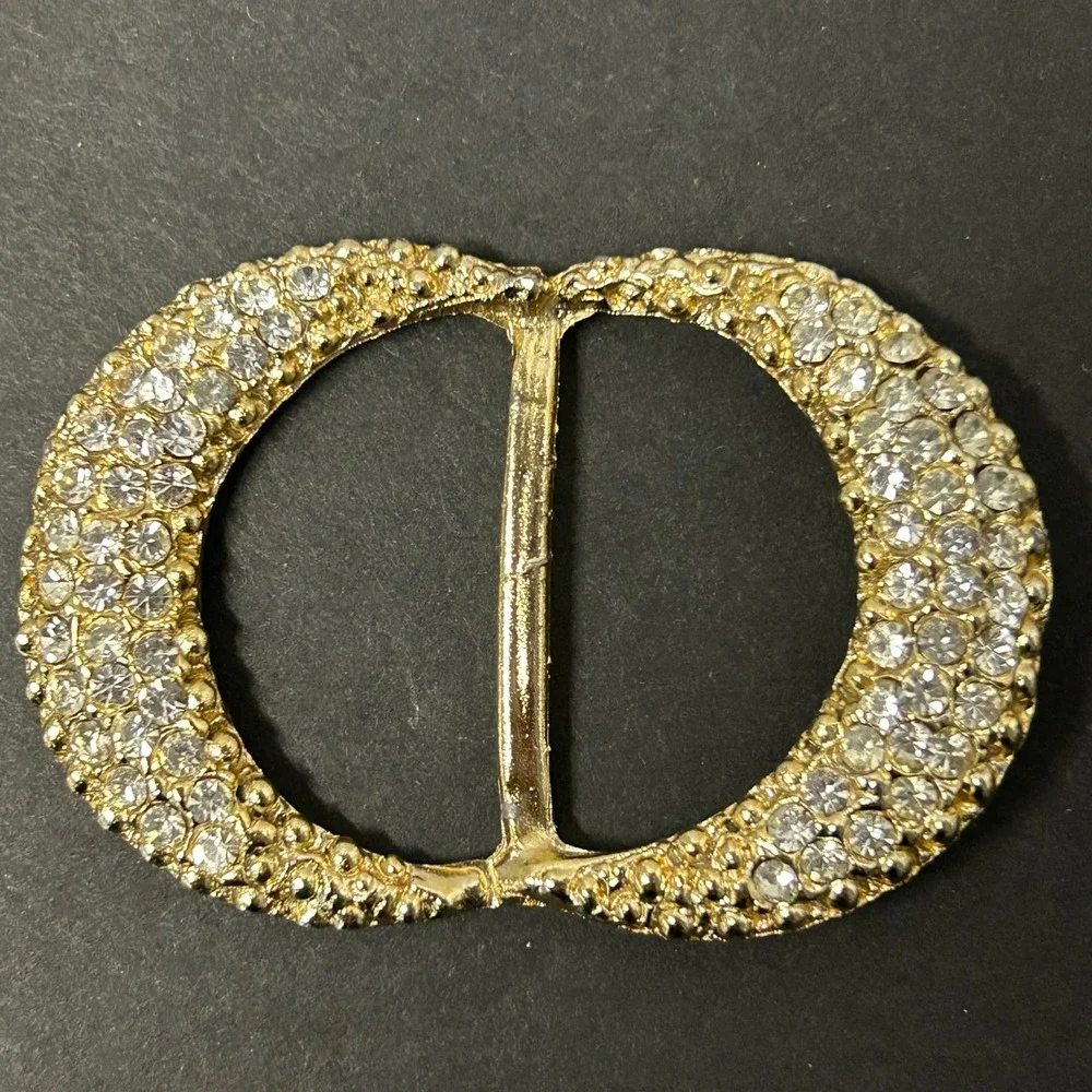 Vintage Belt Buckle Gold Rhinestone Oval Slide Glam